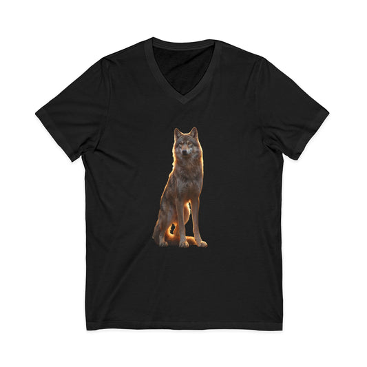 Sentinel Wolf Jersey Short Sleeve V-Neck Tee – Amber Light Guardian Portrait