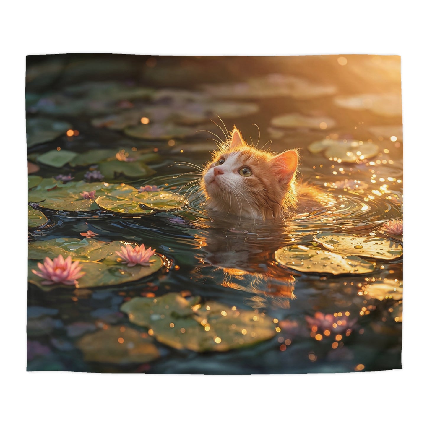 Sunlit Lotus Cat Microfiber Duvet Cover – Golden Hour Serenity