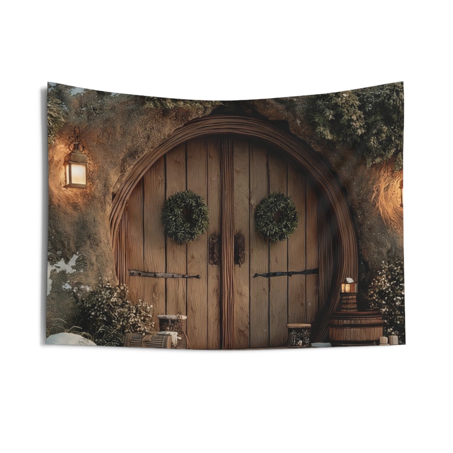 Winter Hollow Treehouse Tapestry – Snow-Dusted Forest Sanctuary