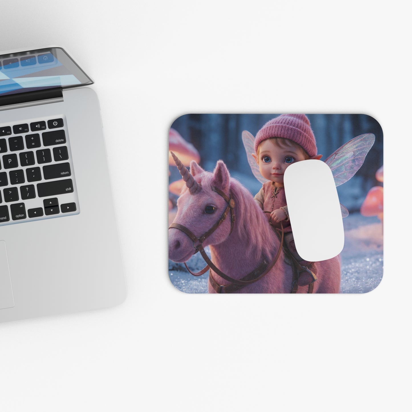 Pink Unicorn Rider Mouse Pad – Winter Forest Whimsy