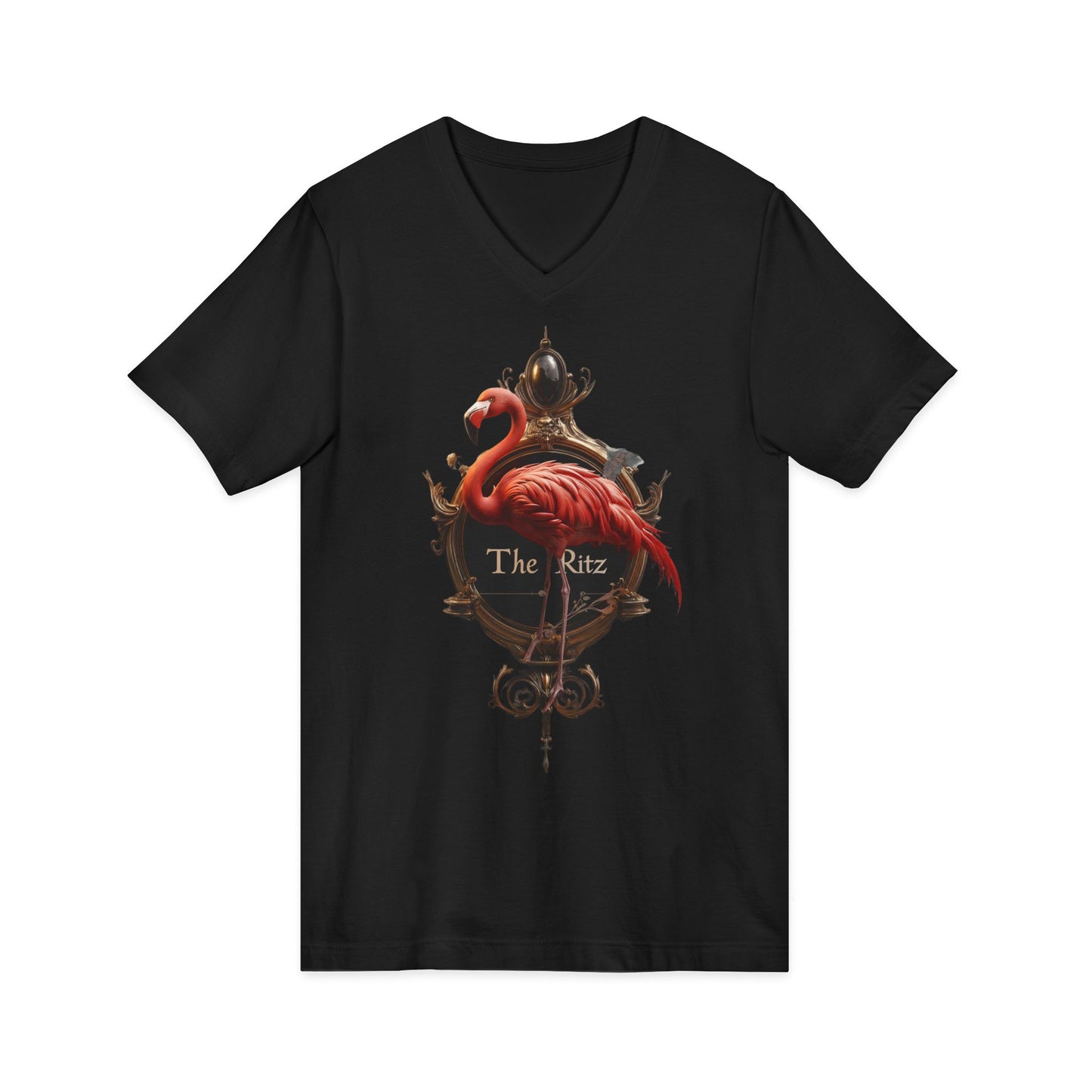 The Ritz Flamingo Sign V-Neck Tee – Gilded Ornament Graphic Print