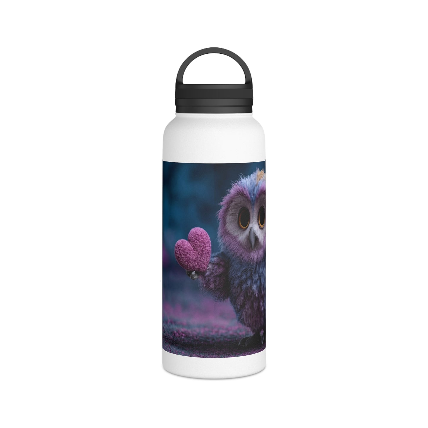Velvet Owl With Heart Stainless Steel Water Bottle, Handle Lid – Midnight Whimsy Companion