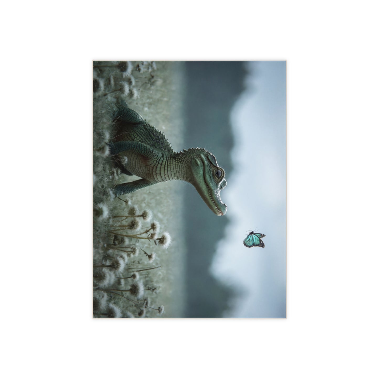 Curious Caiman Ceramic Photo Tile – Emerald Gaze Meets Azure Butterfly