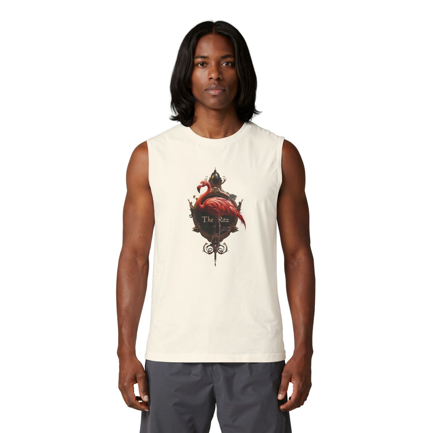Crimson Flamingo Ritz Tank – Opulent Gold Signage Graphic