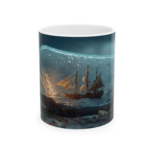 Storm-Sailed Ship in Bottle Ceramic Mug – (11oz, 15oz) – Sea’s Secret Encased