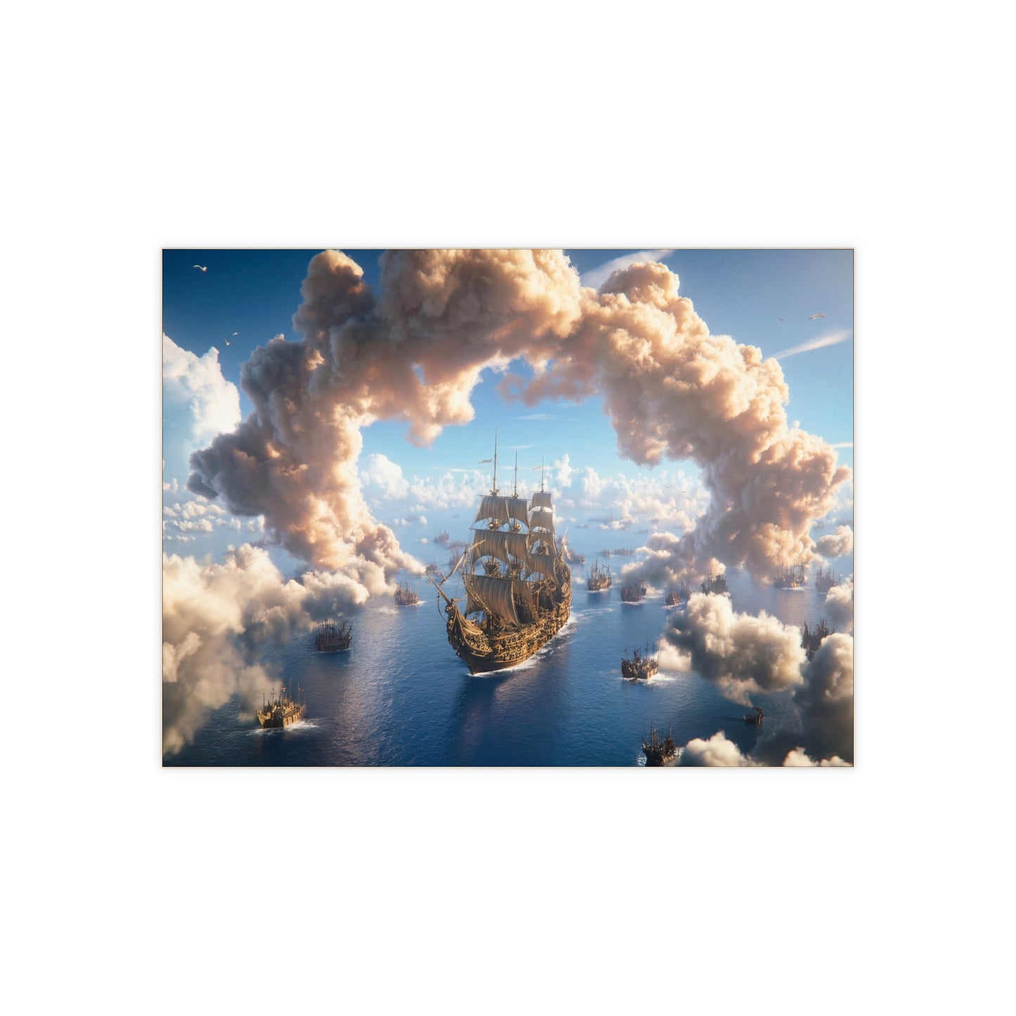 Armada Through the Clouds Ceramic Photo Tile – Golden Fleet on Azure Seas