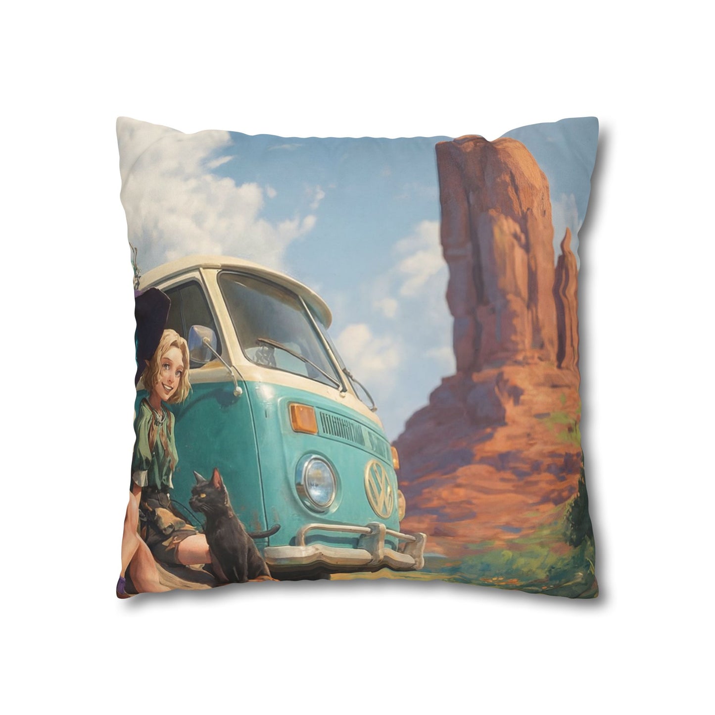 Wagon Ride Faux Suede Square Pillowcase – Desert Camper Adventure Scene