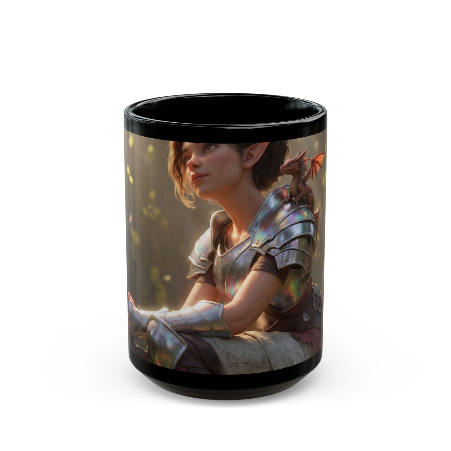 Elven Sentinel with Dragon Companion Black Mug – Sunlit Grove Rest