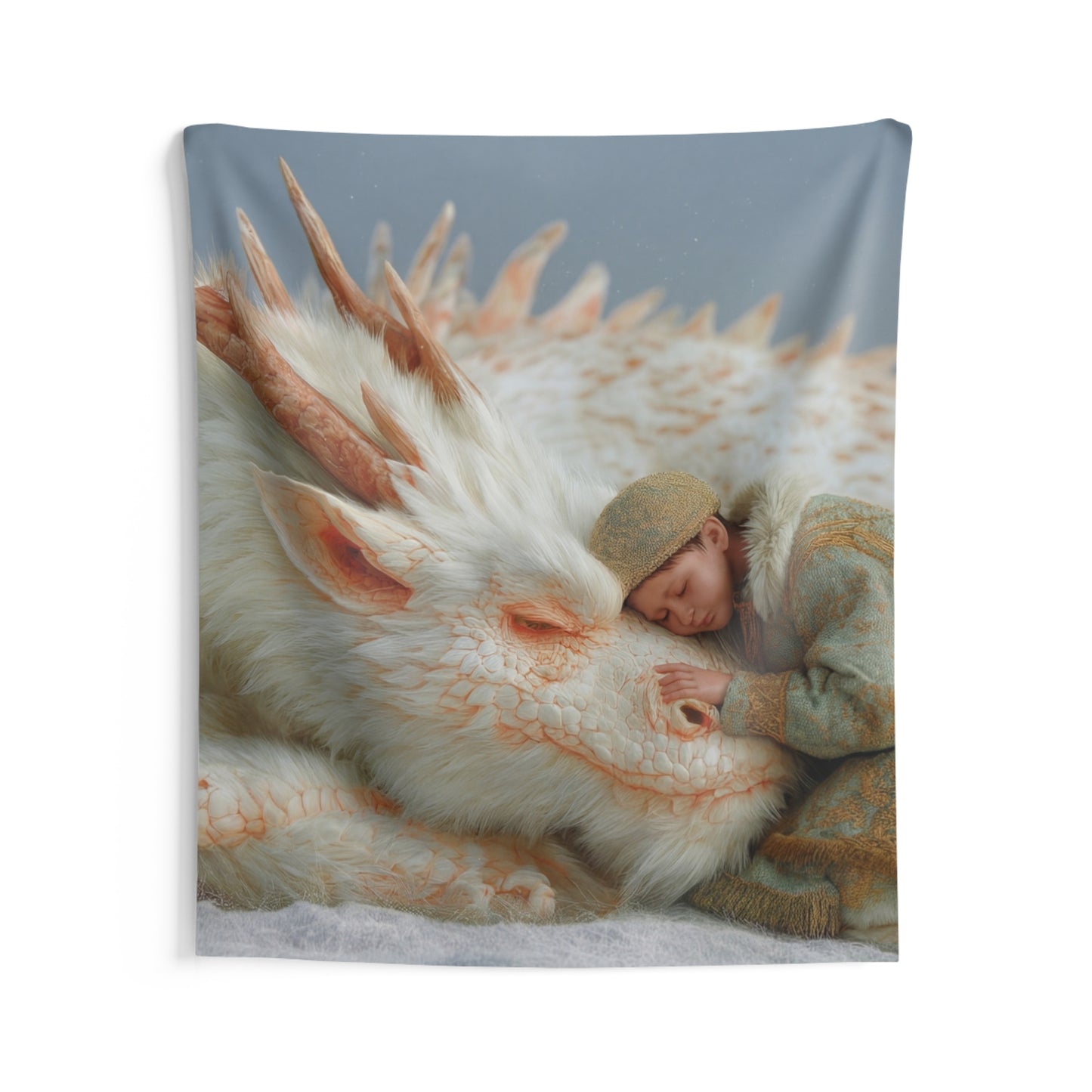 Child and White Dragon Indoor Wall Tapestries – Snowbound Serenity Dreamscape