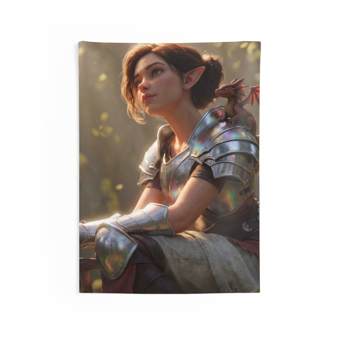 Elf Sentinel with Dragon Companion Indoor Wall Tapestries – Sunlit Forest Refuge