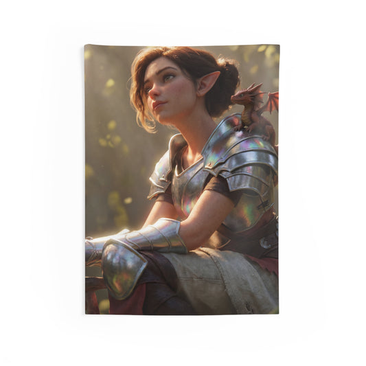 Elf Sentinel with Dragon Companion Indoor Wall Tapestries – Sunlit Forest Refuge