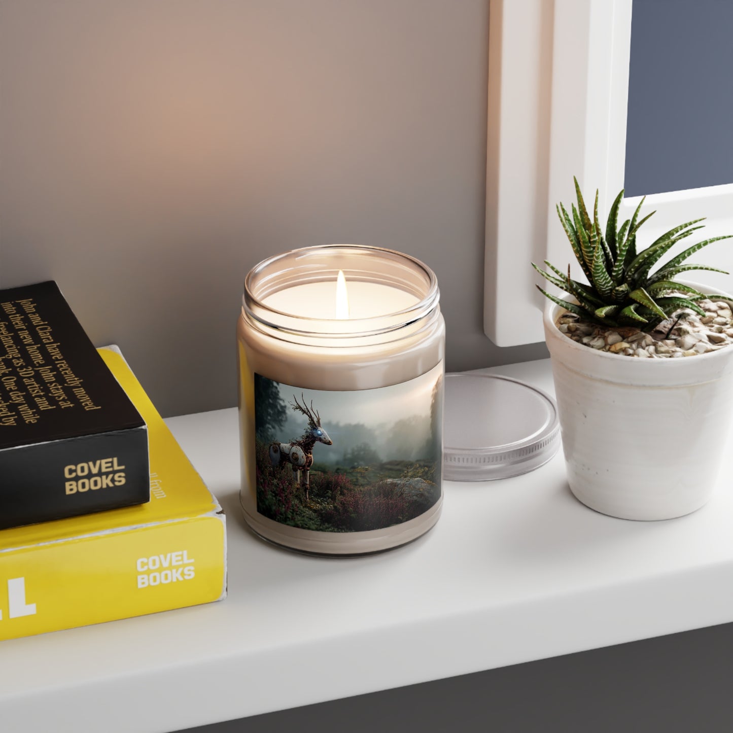 Cybernetic Stag Scented Soy Candles with White Lid, 9oz – Dawn’s Glowing Guardian
