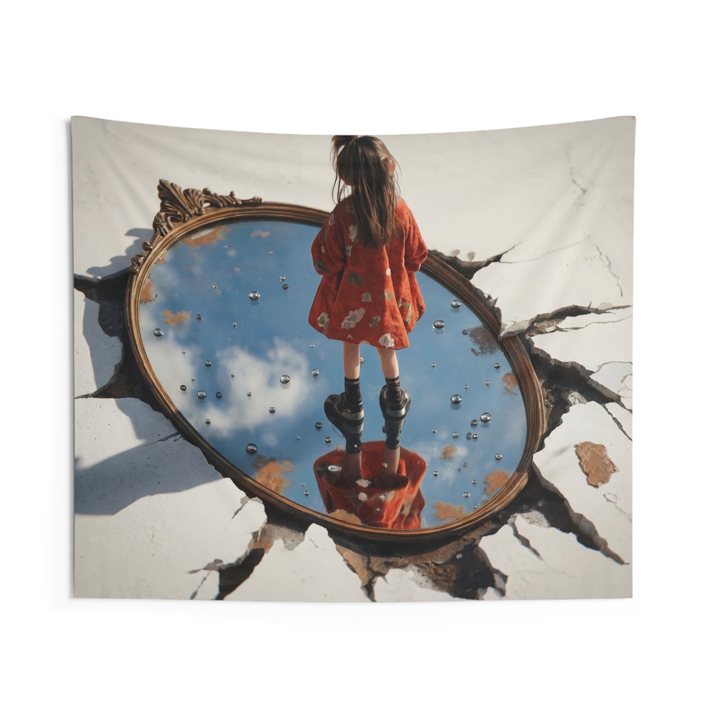 Girl Standing in Broken Mirror Wall Tapestry – Sky Reflections and Cracked Surface