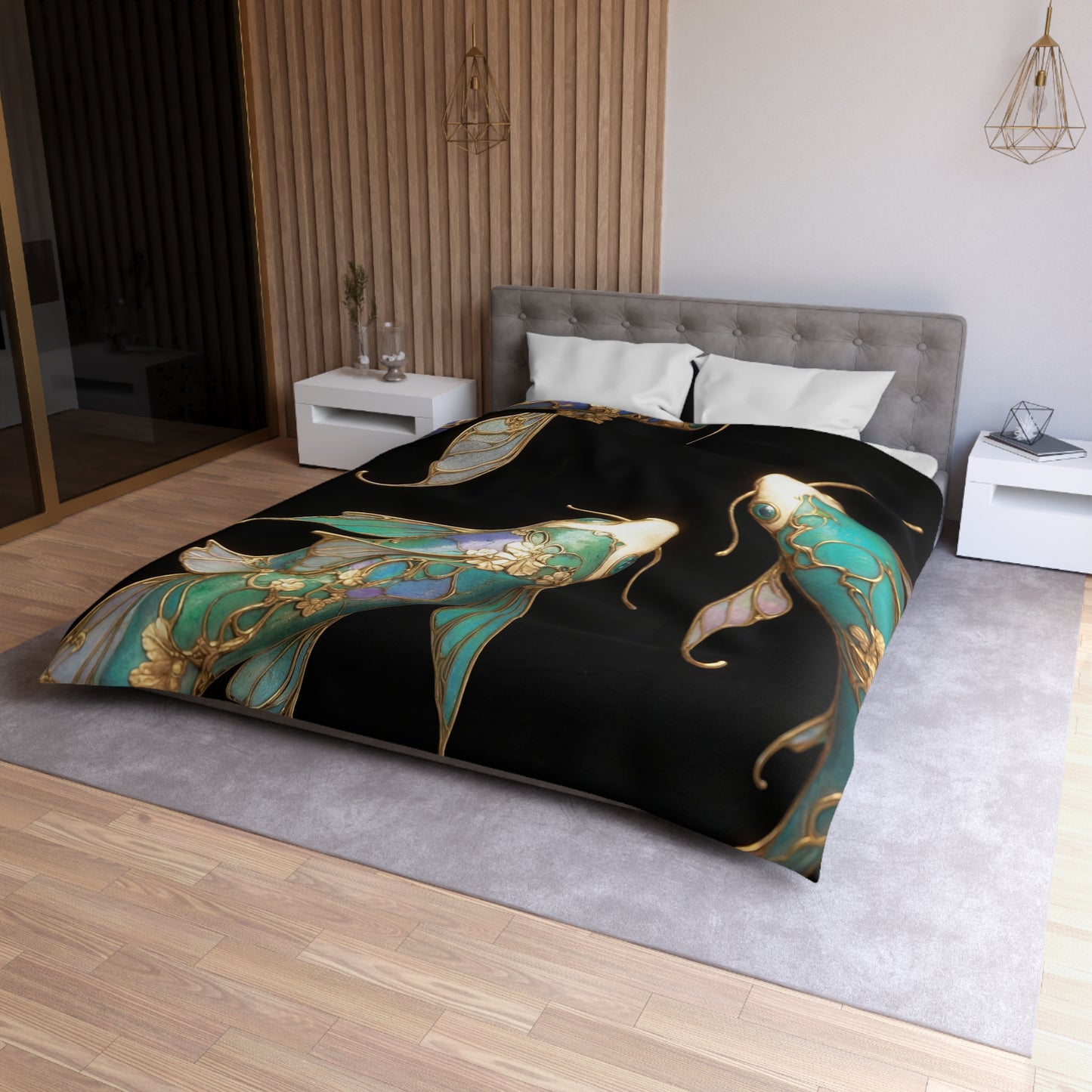 Art Nouveau Koi Microfiber Duvet Cover – Liquid Light in Midnight Depths