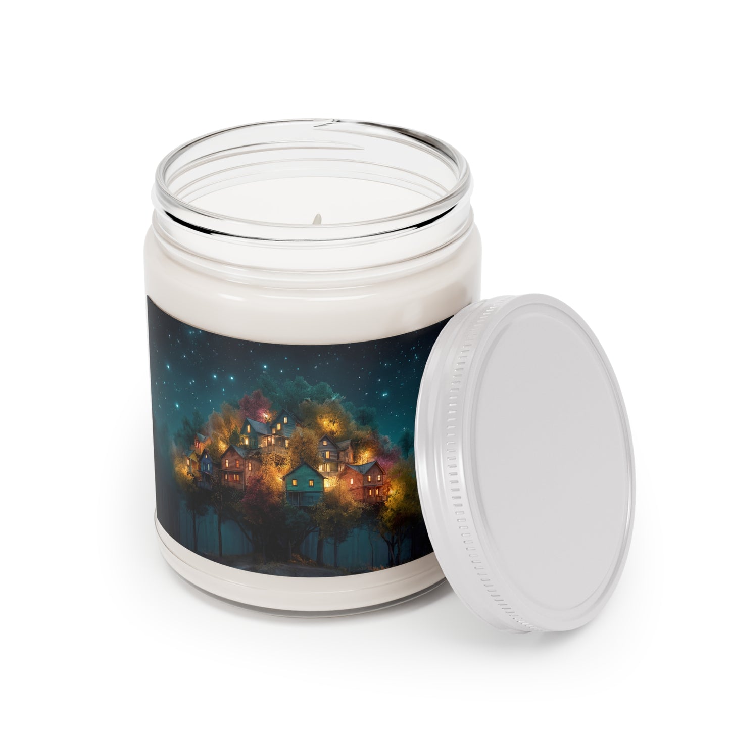 Starlit Hilltop Village Scented Soy Candles with White Lid, 9oz – Warm Glow Under Celestial Canopy