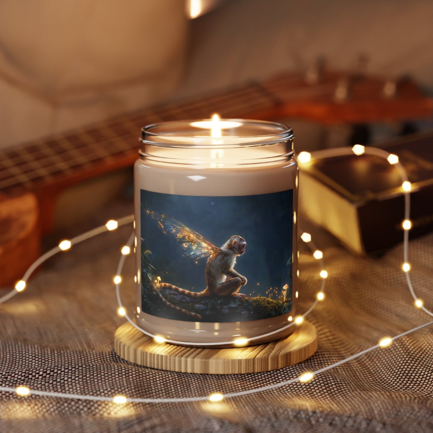Whispering Forest Monkey Scented Soy Candles with White Lid, 9oz – Golden Winged Guardian of the Night