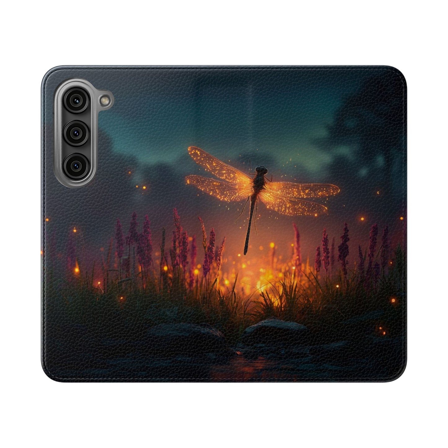 Bioluminescent Dragonfly Flip Cases – Glowing Amber Wings Over Twilight Marsh