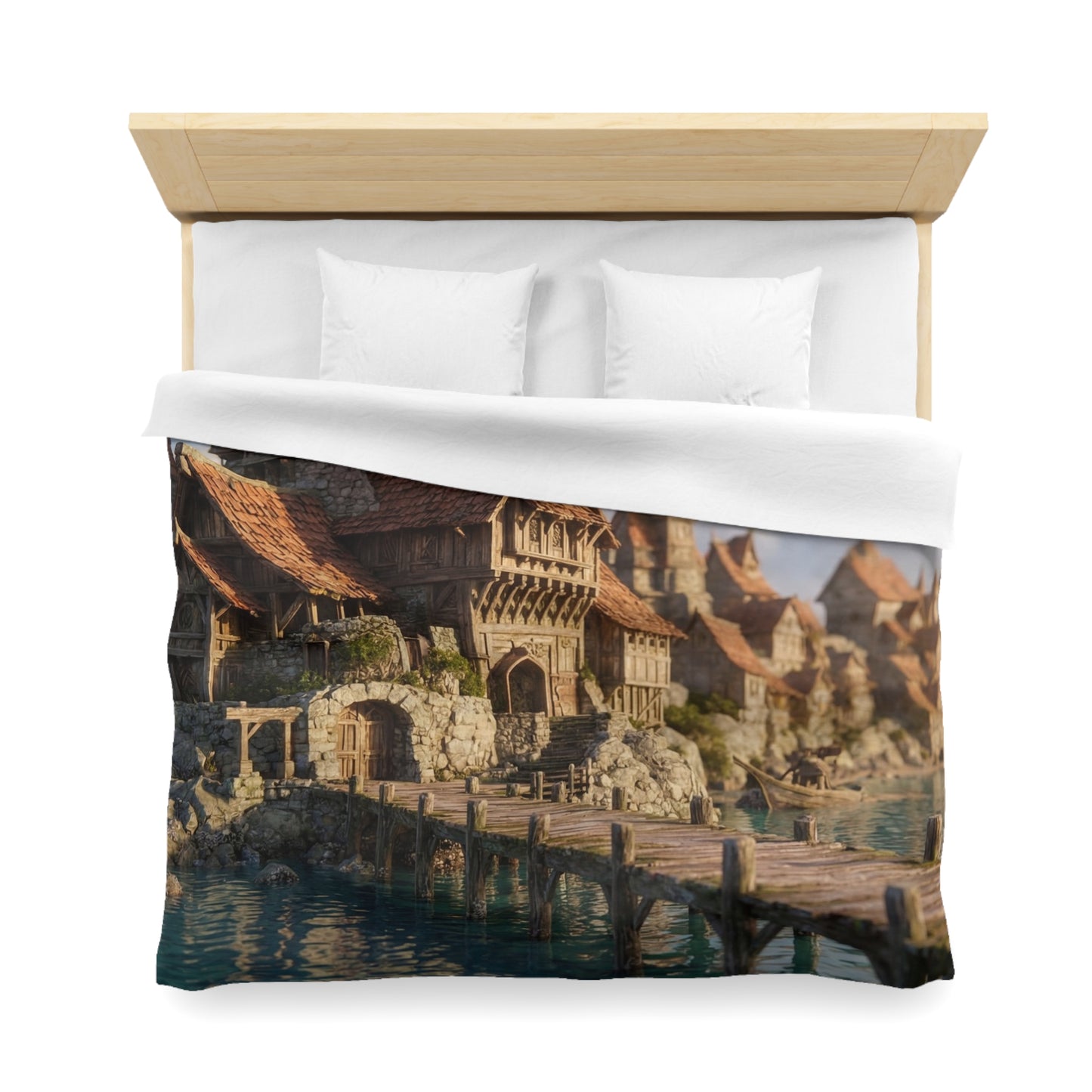 Seafarer’s Haven Microfiber Duvet Cover – Sunlit Harbor Dreamscape