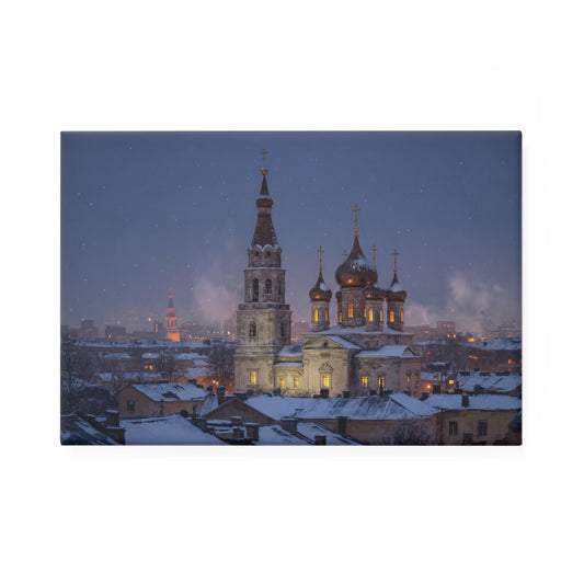 Winter Cathedral Snowscape Button Magnet, Rectangle (1 & 10 pcs) – Starlit Faith in Frost
