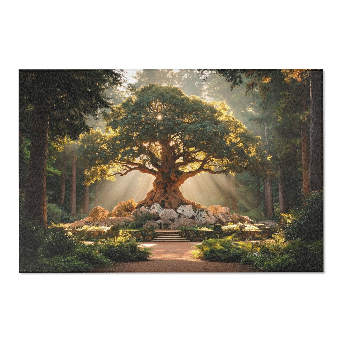 Ancient Wisdom Tree Area Rug – Sunbeam Sanctuary Through Mossy Roots