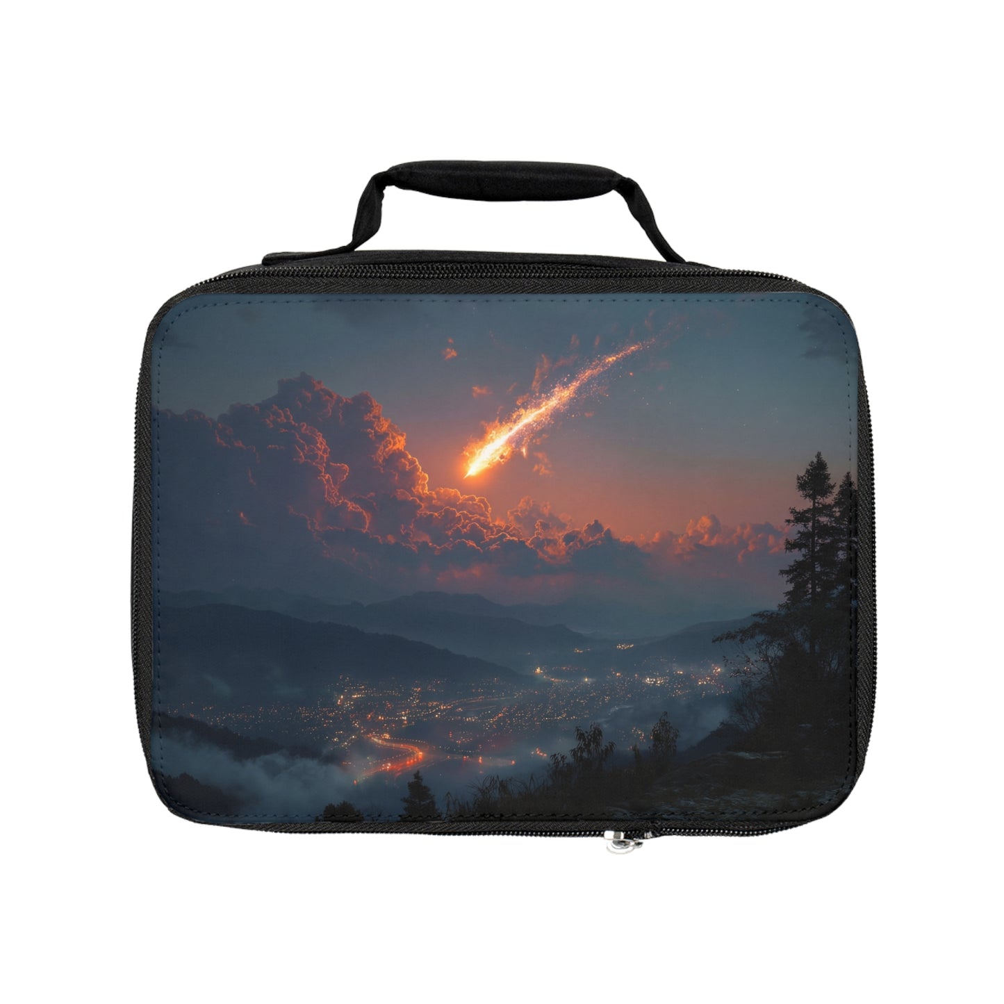 Celestial Fireball Lunch Bag – Twilight Meteors Over Mountain Town
