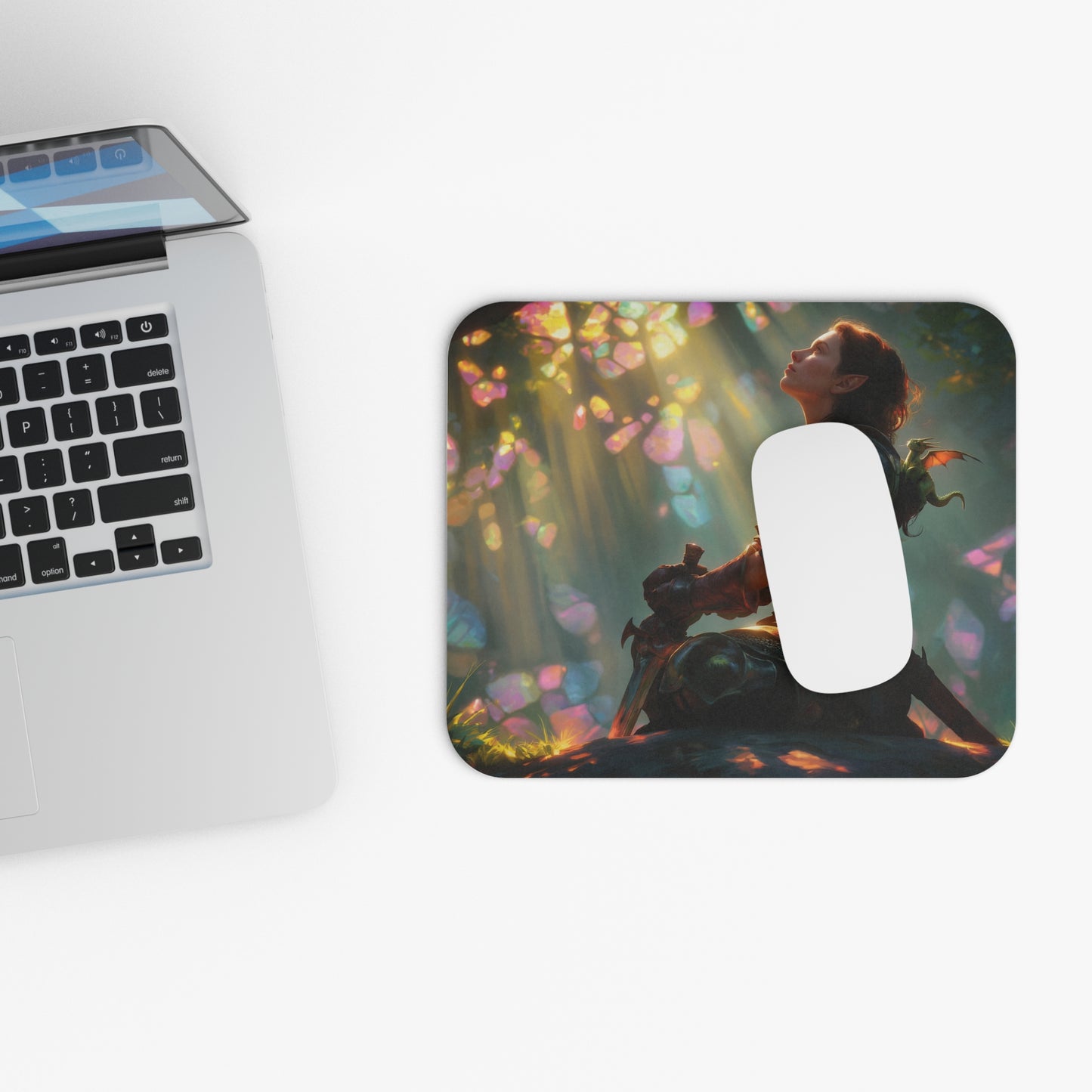 Elf Knight with Tiny Dragon Mouse Pad – Sunlit Crystal Grove Sanctuary