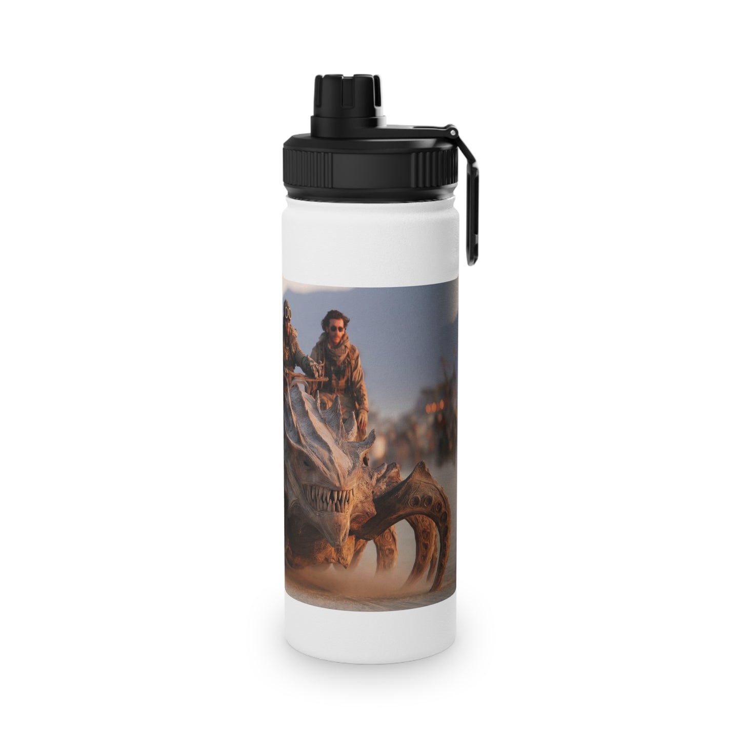 Desert Dragon Ride Stainless Steel Water Bottle, Sports Lid – Sunset Dust and Steam-Punk Fangs