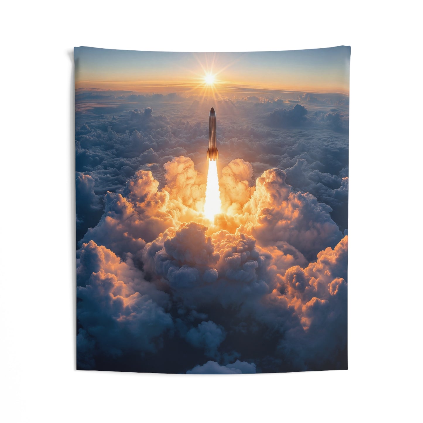 Sunburst Rocket Launch Indoor Wall Tapestries – Ascending Through Clouds at Dawn