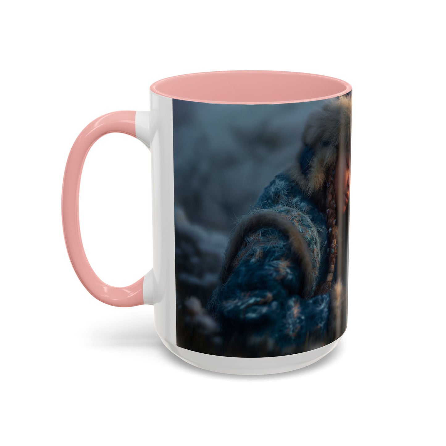 Winter Guardian Accent Coffee Mug (11, 15oz) – Fur-Hooded Child Sleeping Beside White Dragon Sentinel