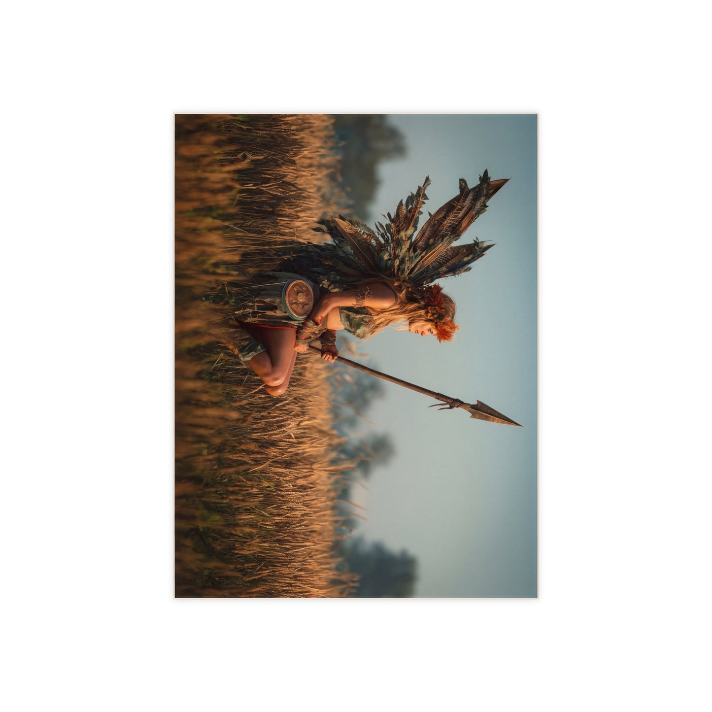Warrior Fairy in Golden Field Ceramic Photo Tile – Sunset Sentinel of the Harvest