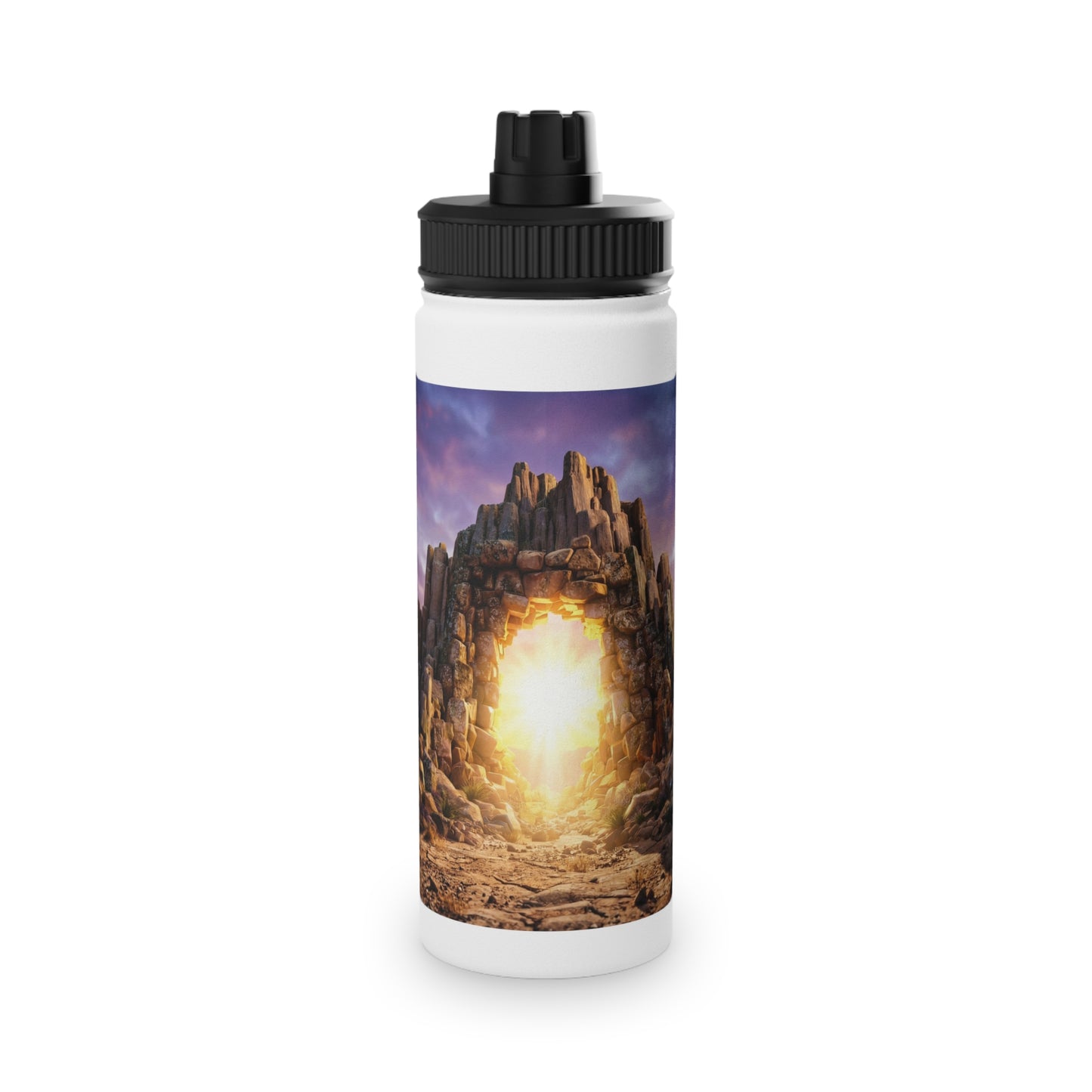 Celestial Portal Stainless Steel Water Bottle, Sports Lid – Sunlit Stone Gateway