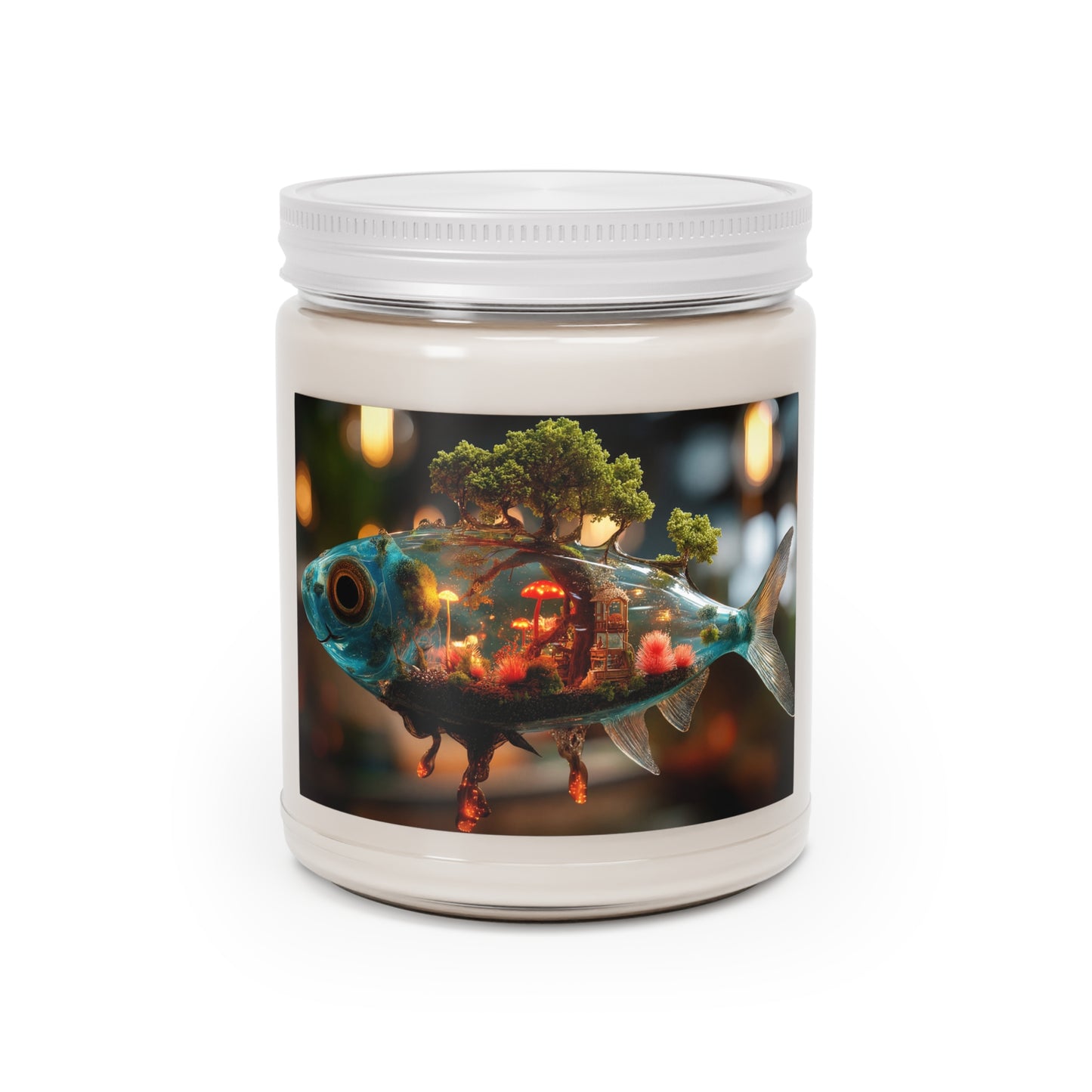 Forest Fish Scented Soy Candles with White Lid, 9oz – Liquid Eden in a Glowing Scale