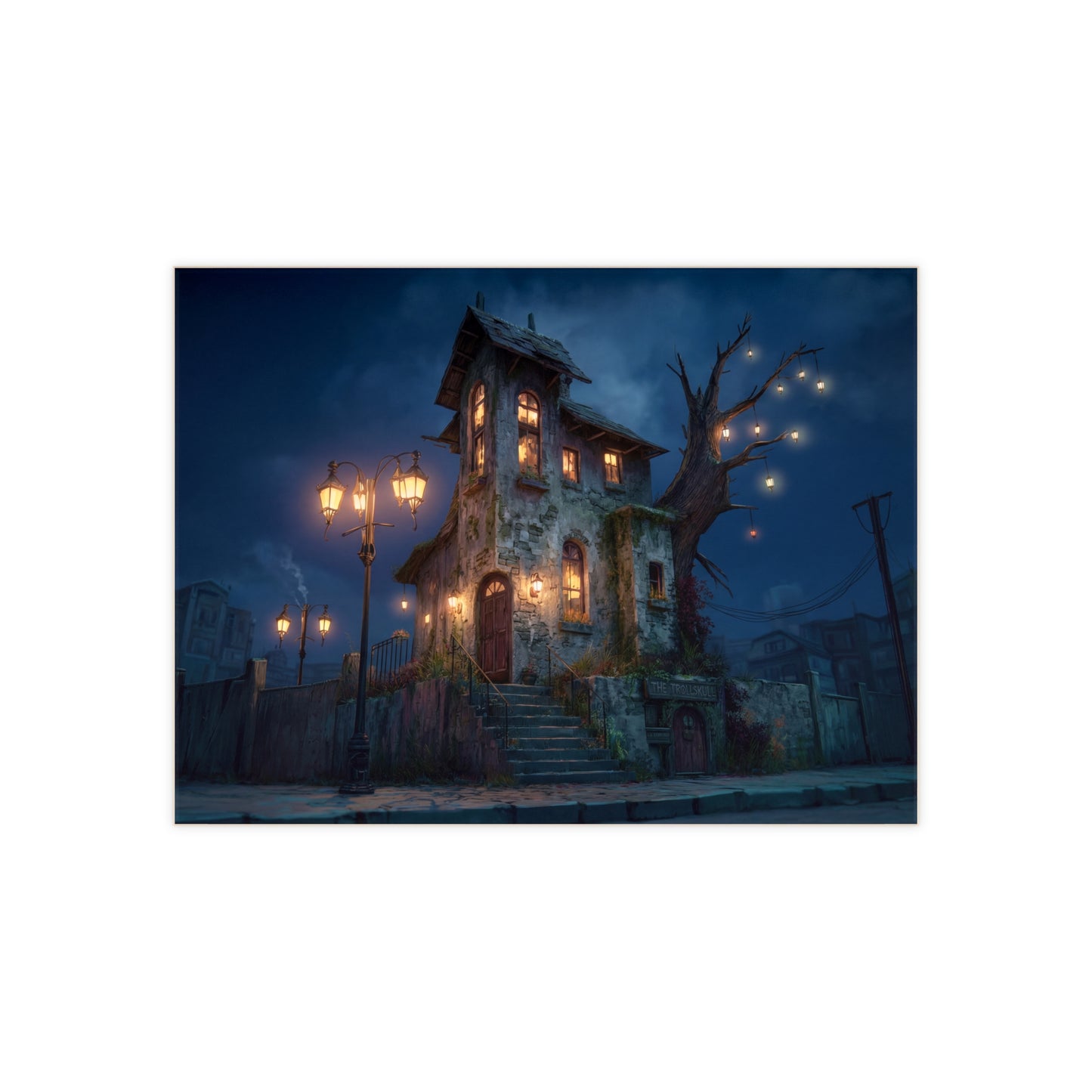 Trollskull Inn Ceramic Photo Tile – Warm Light in a Worn Stone World