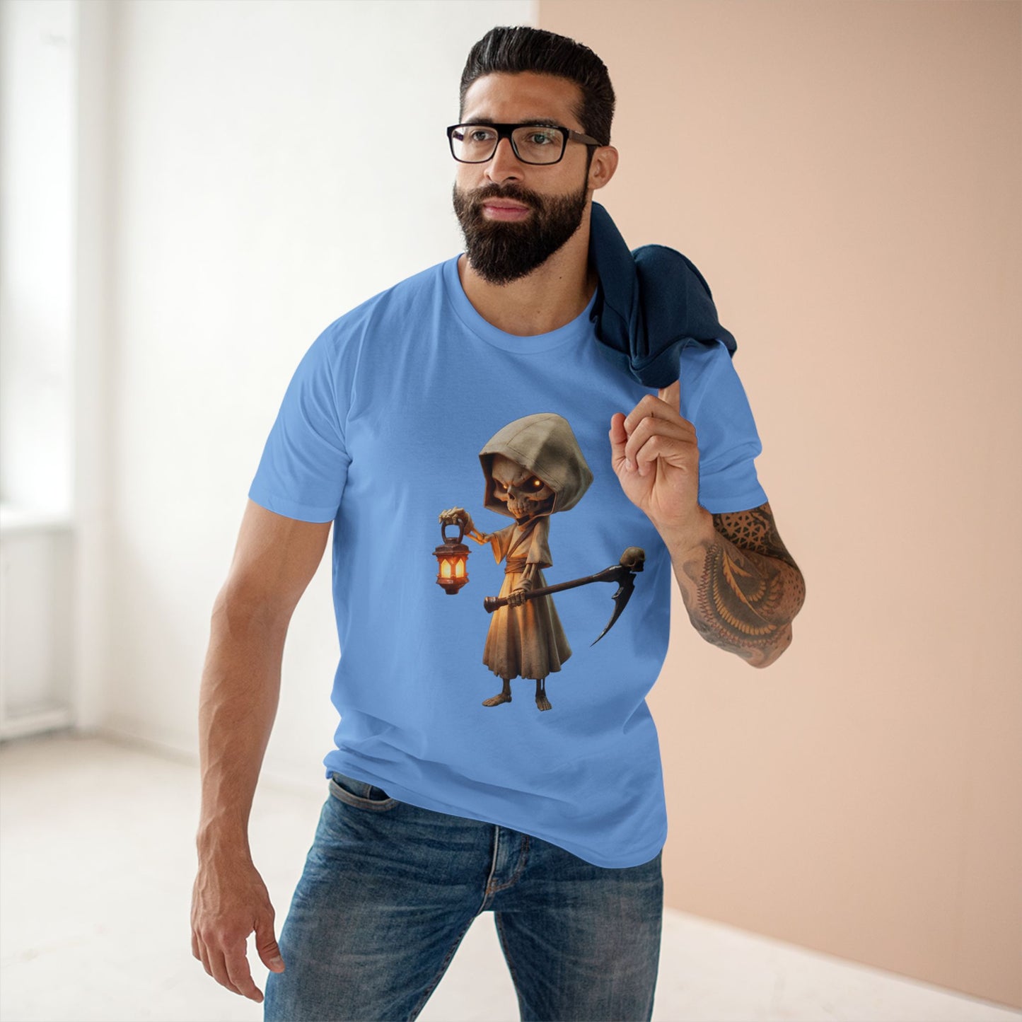 Lantern Skeleton Sentinel Adult Staple Tee – Candlelit Guardian Journey