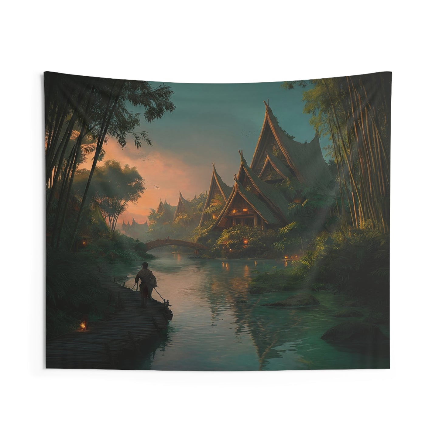 Bamboo River Village Tapestry – Twilight Canopy Overwater Path