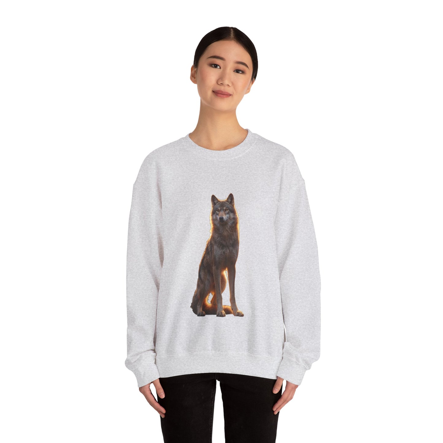 Twilight Sentinel Wolf Crewneck Sweatshirt – Golden Hour Guardian Portrait