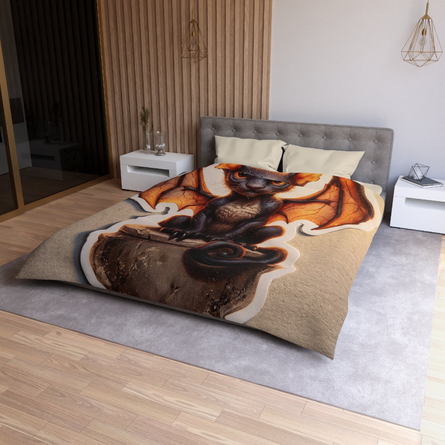 Winged Feline Guardian Microfiber Duvet Cover – Amber Glow in Midnight Stillness