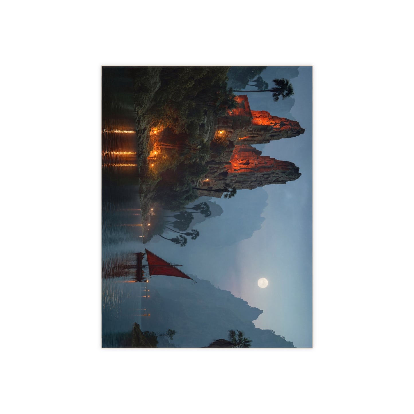 Moonlit Temple Ruins Ceramic Photo Tile – Crimson Glow Through Misty Canyons