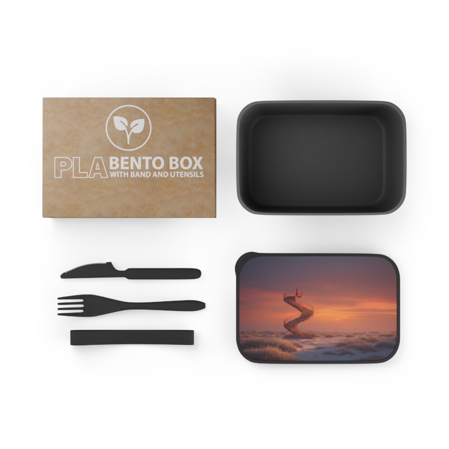 Solitary Spiral Staircase PLA Bento Box with Band and Utensils – Sunset Horizon Ascension