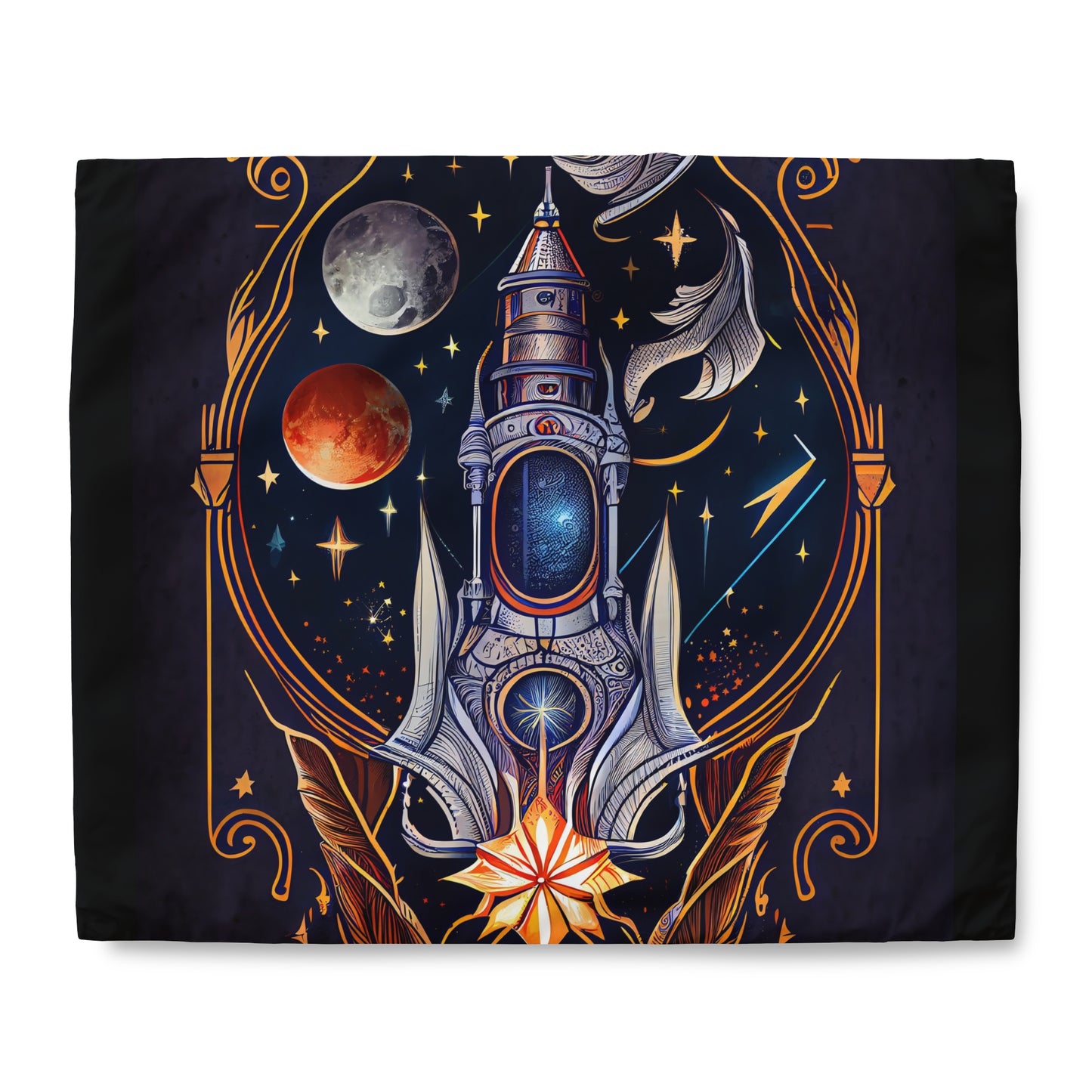 t-shirt design, rocket ship, stars, moons, art nouveau, alphonse much - Duvet Cover