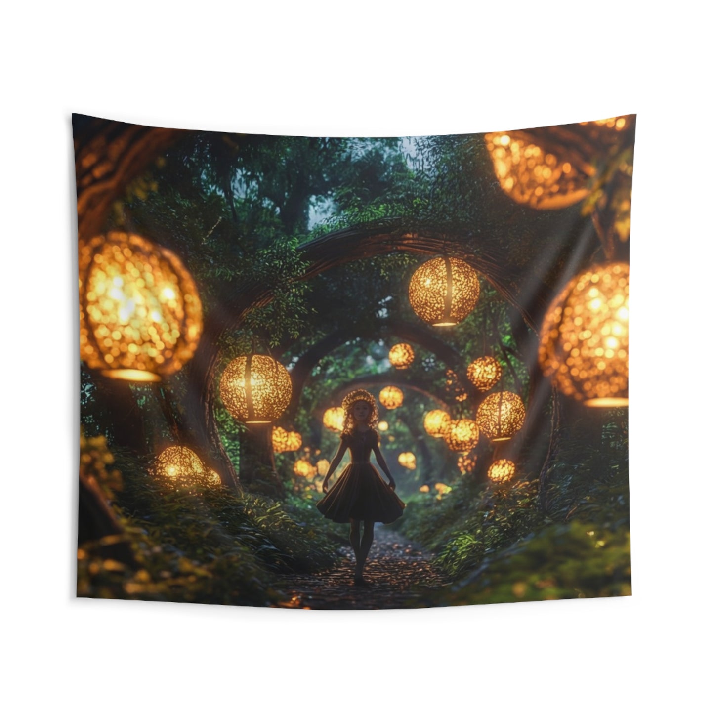 Girl Among Glowing Lanterns Indoor Wall Tapestries – Whispering Forest Pathway