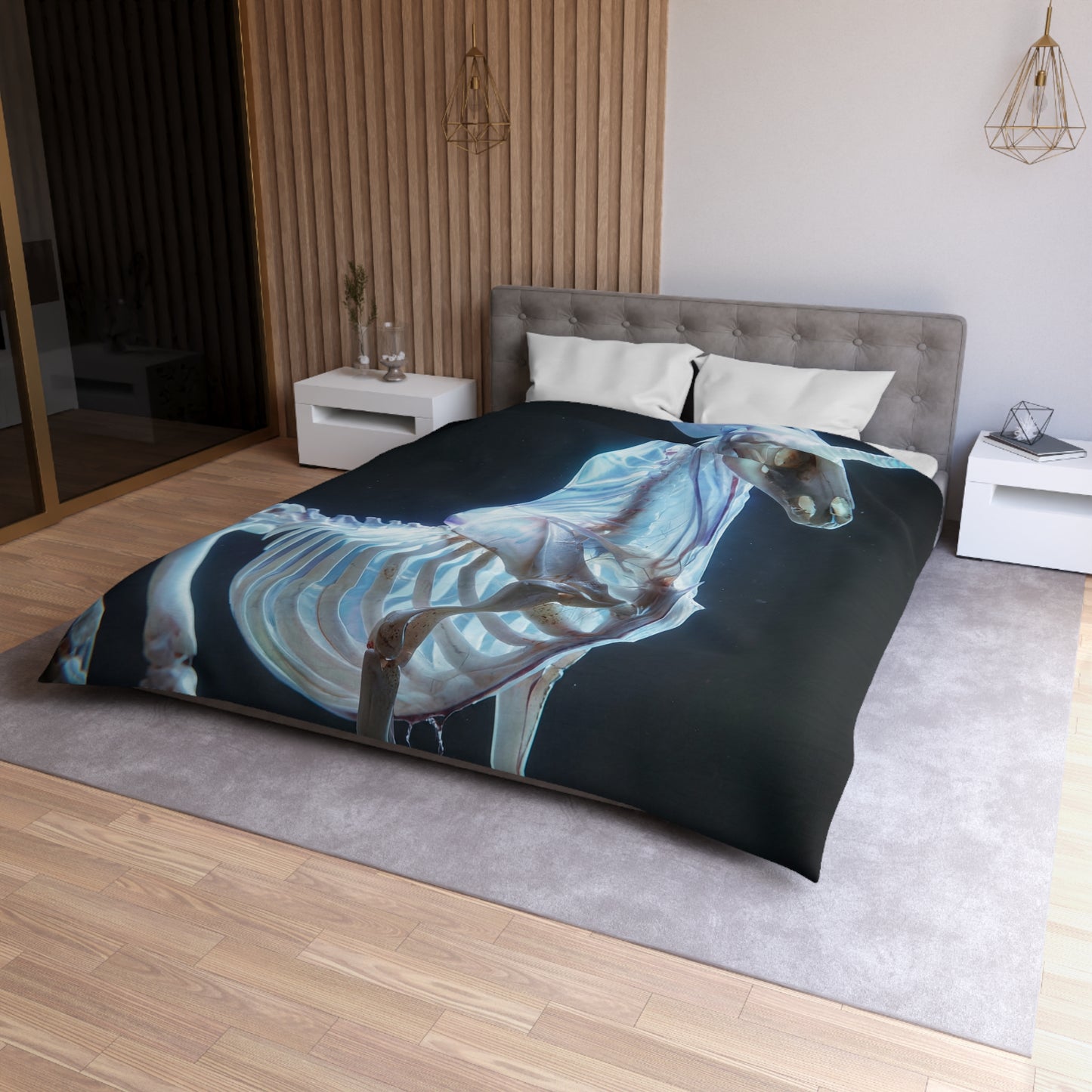 Celestial Unicorn Skeleton Duvet Cover – Ethereal Glow in the Dark