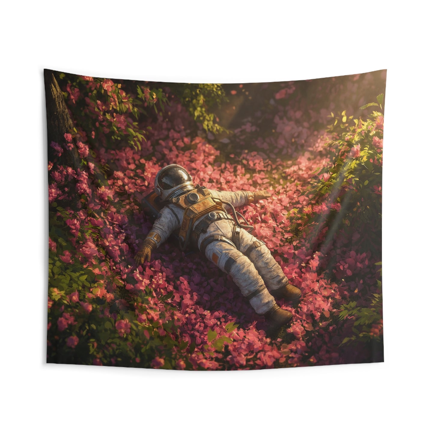 Astronaut Among Blossoms Indoor Wall Tapestries – Sunset Garden Recliner