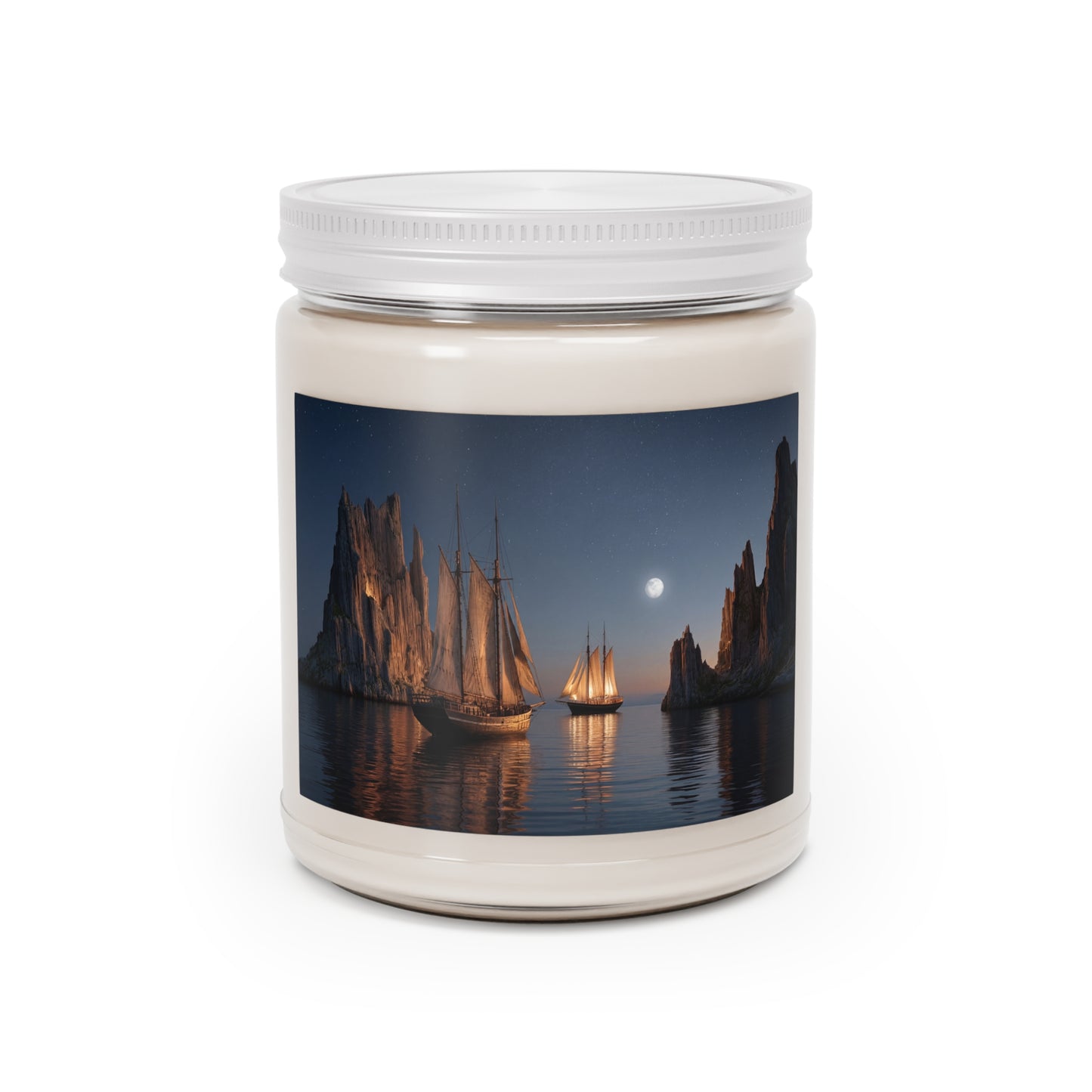 Starlit Sailors Scented Soy Candles with White Lid, 9oz – Moonlit Passage Between Cliffs