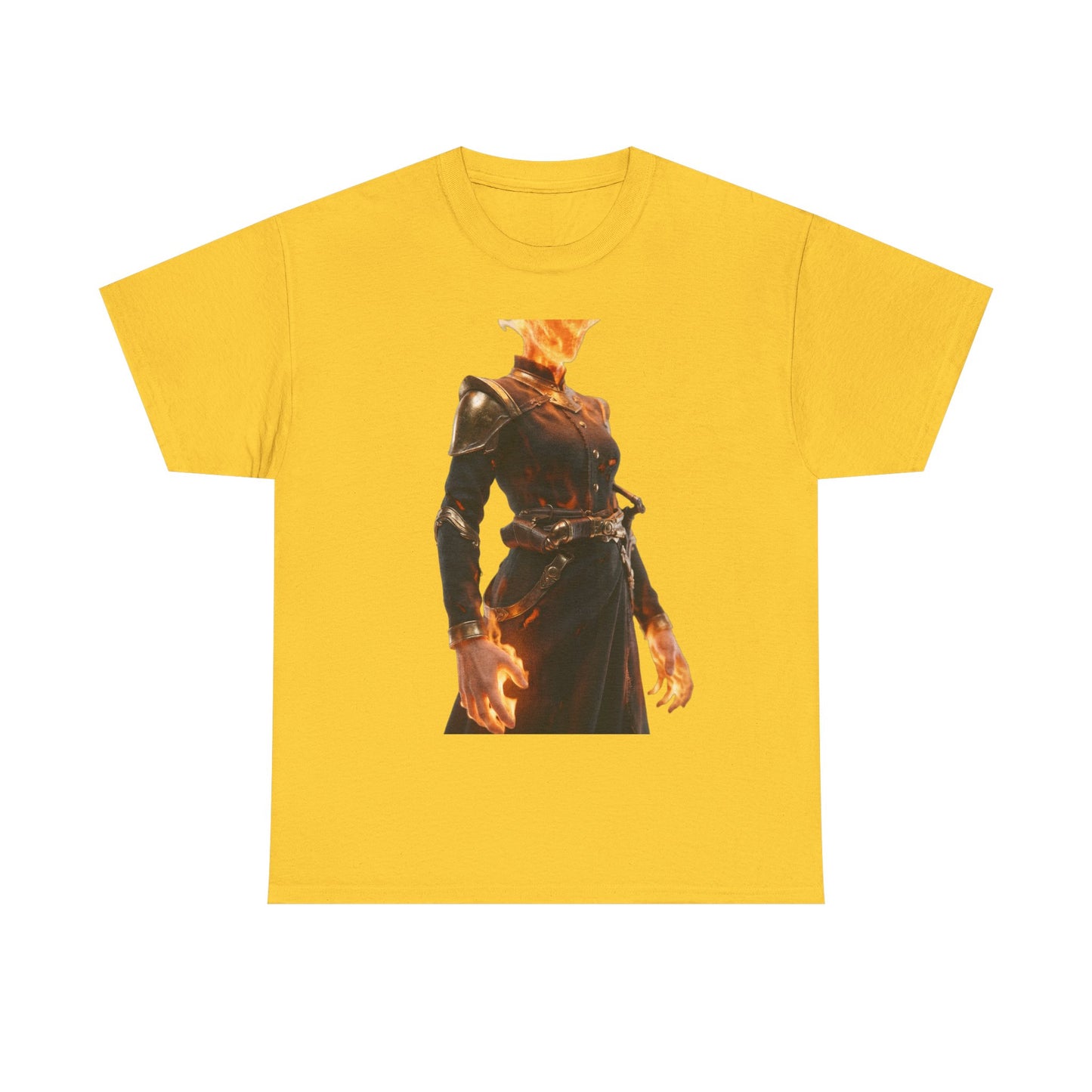 Flame-Headed Sentinel Unisex Heavy Cotton Tee – Gilded Armor & Burning Embers