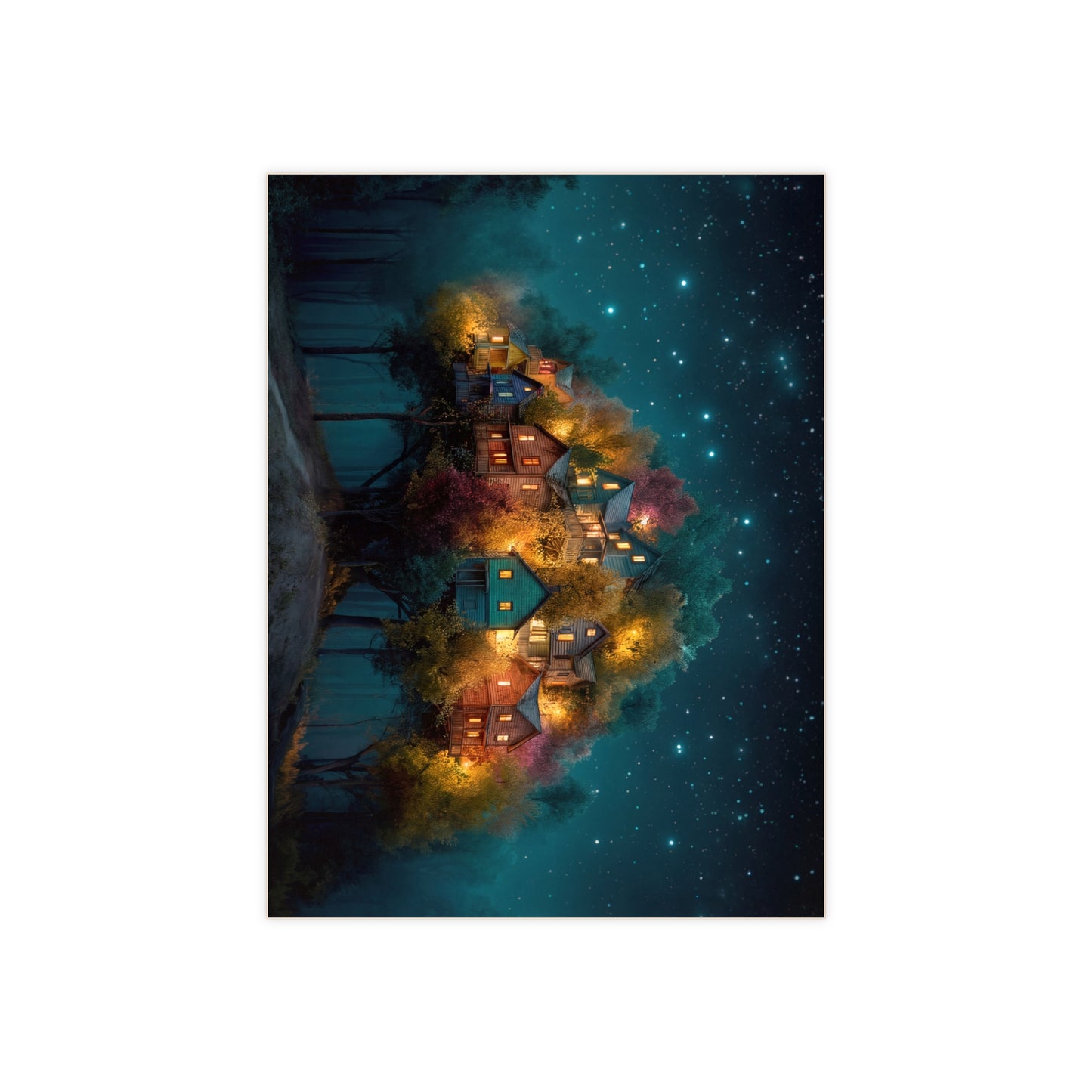 Starlit Hillside Village Ceramic Photo Tile – Warm Lights in the Twilight Woods