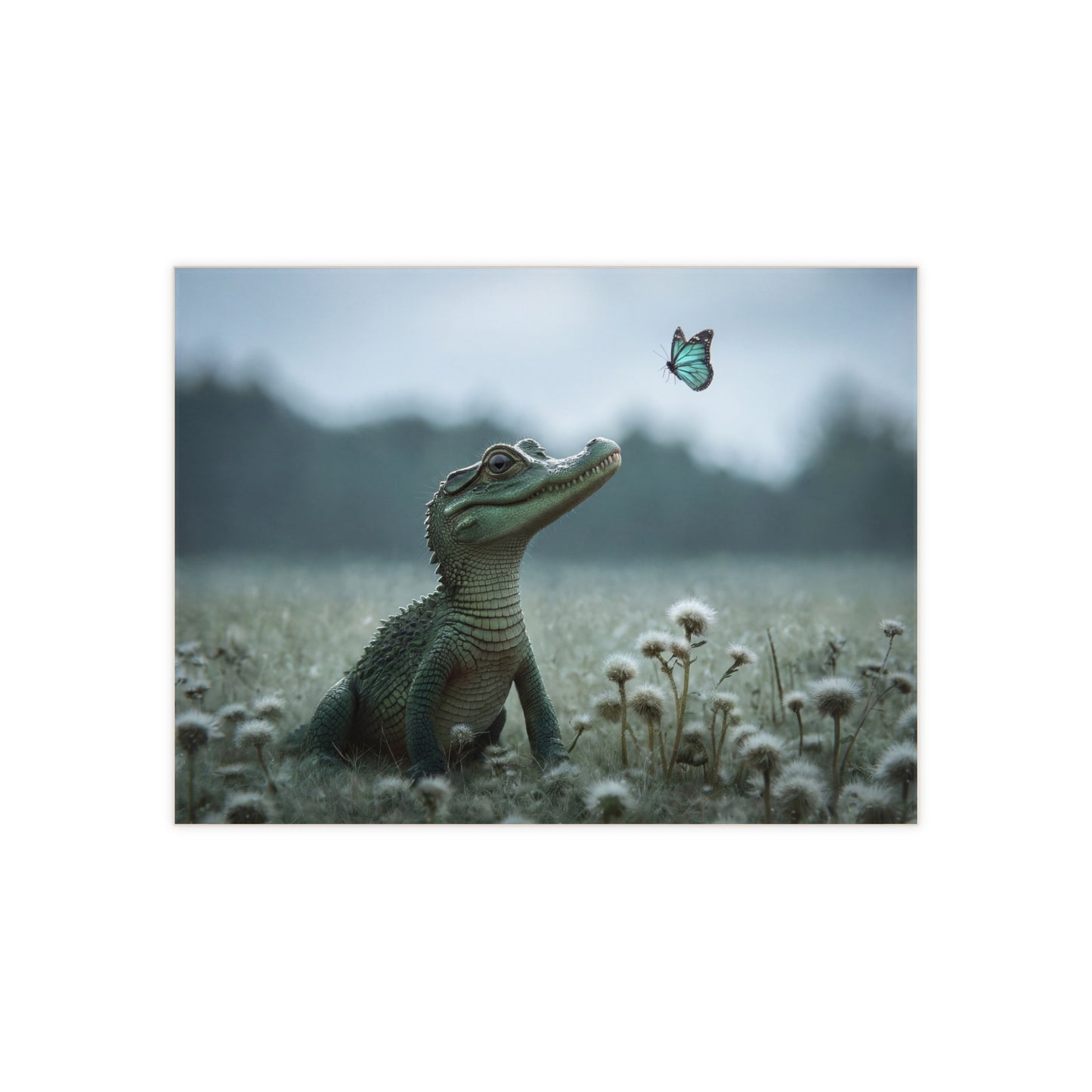 Curious Caiman Ceramic Photo Tile – Emerald Gaze Meets Azure Butterfly