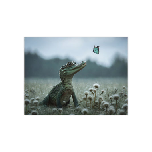 Curious Caiman Ceramic Photo Tile – Emerald Gaze Meets Azure Butterfly