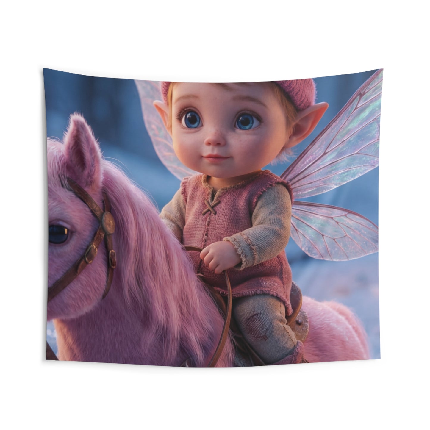 Fairy Child on Pink Unicorn Indoor Wall Tapestries – Winter Forest Whispers