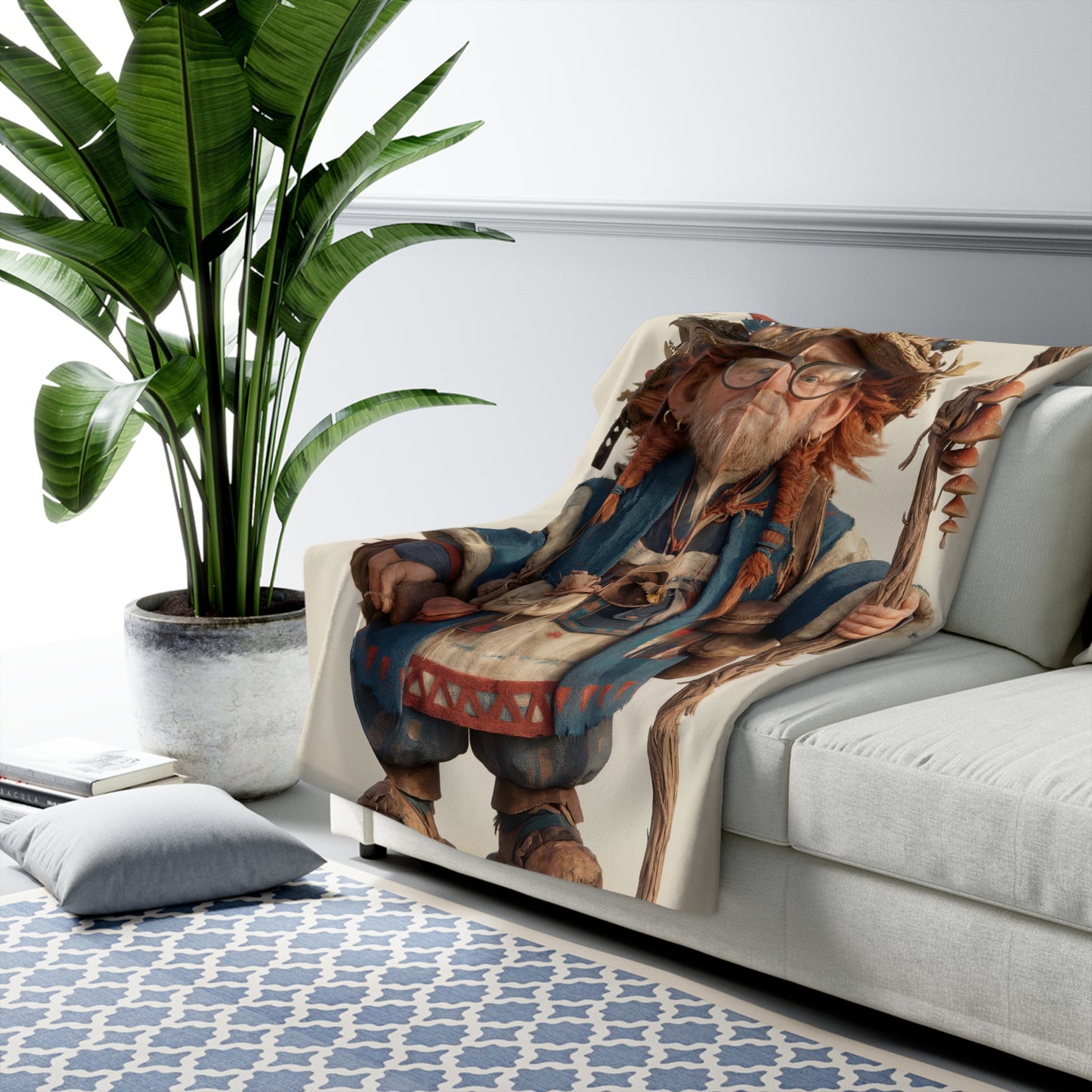 Hermit Sage Sherpa Fleece Blanket – Mossy Cap & Mushroom Staff